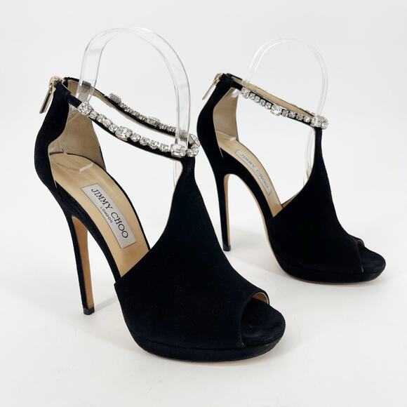 Jimmy Choo Farah Black Suede Crystal Trim Peep Toe Platform Pump Sandal IT 37.5 - Picture 1 of 11